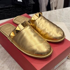Valentino Garavani Metallic Gold Leather Studded Mules